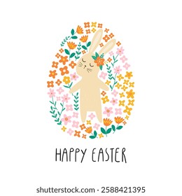 Spring floral cartoon print with cute bunny, flowers and lettering Happy Easter. Spring cartoon print in flat style. Vector cute hare in the egg shaped frame.  Good for posters, t shirts, postcards.