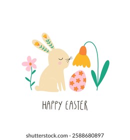 Spring floral cartoon print with cute bunny, flowers, egg and lettering Happy Easter. Spring cartoon print in flat style. Good for posters, t shirts, postcards.