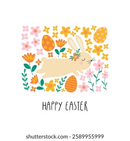 Spring floral cartoon print with cute bunny, flowers, egg and lettering Happy Easter. Spring cartoon print in flat style. Good for posters, t shirts, postcards.