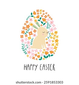 Spring floral cartoon print with cute bunny, flowers and lettering Happy Easter. Spring cartoon print in flat style. Vector cute hare in the egg shaped frame. Good for posters, t shirts, postcards.