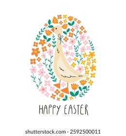 Spring floral cartoon print with cute goose, flowers and lettering Happy Easter. Spring cartoon print in flat style. Vector cute bird in the egg shaped frame. Good for posters, t shirts, postcards.