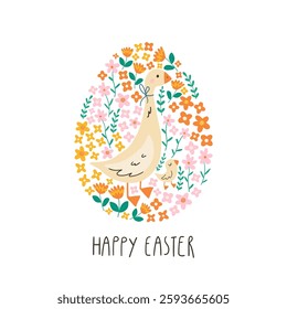 Spring floral cartoon print with cute goose, flowers and lettering Happy Easter. Spring cartoon print in flat style. Vector cute bird in the egg shaped frame. Good for posters, t shirts, postcards.