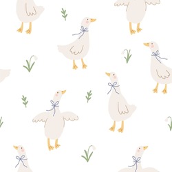 Spring Floral Cartoon Seamless Pattern With Cute Goose. Happy Easter Print In Flat Style And Pastel Colors