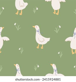 Spring floral cartoon seamless pattern with cute goose. Happy Easter print in flat style and pastel colors