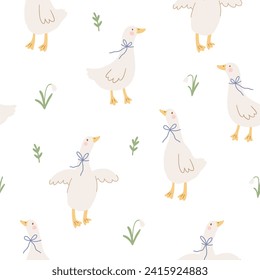 Spring floral cartoon seamless pattern with cute goose. Happy Easter print in flat style and pastel colors
