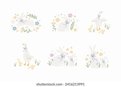 Spring floral cartoon set with cute goose and bunny. Happy Easter print in flat style and pastel colors. Mom and baby