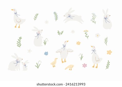 Spring floral cartoon set with cute goose and bunny. Happy Easter print in flat style and pastel colors. Mom and baby