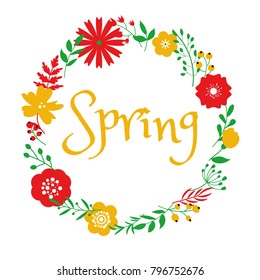 Spring floral circle frame design on white background. Decoration art for card, banner or print. Cute season artwork with text inside.