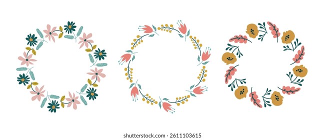 Spring floral circle frame set. Hand drawn botanical wreaths featuring branches, leaves, and flowers. Vector isolated illustrations perfect for wedding invitations, cards, and logos.