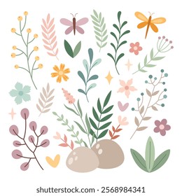 Spring floral clipart set, cute flowers and plants hand drawn seasonal objects. Vector illustration in flat style	