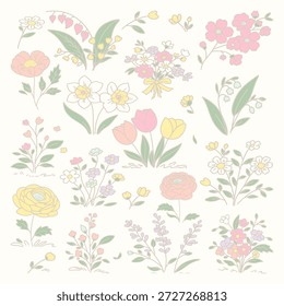 Conjunto de Clipart florales de primavera, con flores de cerezo, tulipanes, narcisos y flores silvestres. Perfecto para invitaciones de boda, scrapbooking, planificadores y contenido de redes sociales