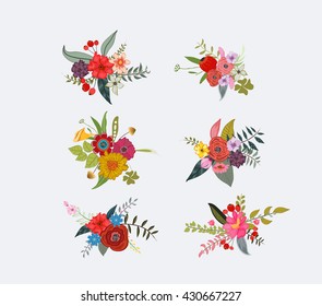 Spring floral clusters, flower wreaths, bouquets elements