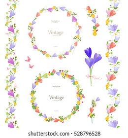 spring floral collection with crocus.  elegant set of seamless borders and cute wreaths for your design.
