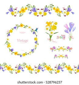 spring floral collection.  seamless border and cute wreath,  pretty bouquets for your design.