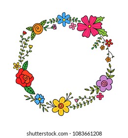 Spring floral colorful wreath, vector illustration template for greeting card, invitation, print, web, banner. Flowers, leaves and branches in circle shape.