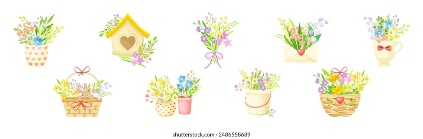 Spring Floral Composition with Blooming Flora Vector Set