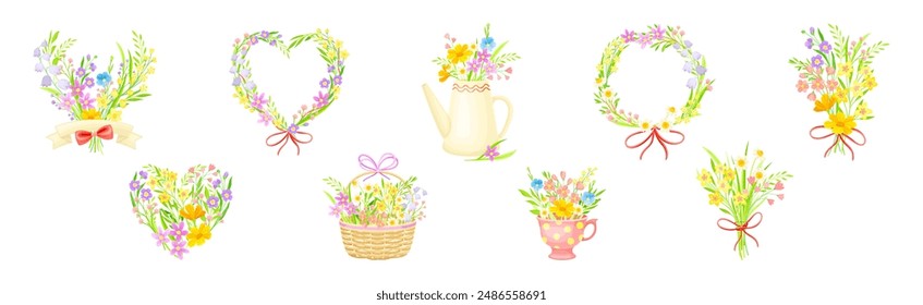 Spring Floral Composition with Blooming Flora Vector Set