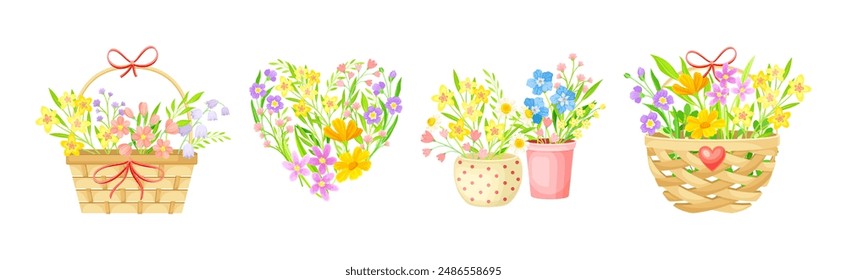 Spring Floral Composition with Blooming Flora Vector Set
