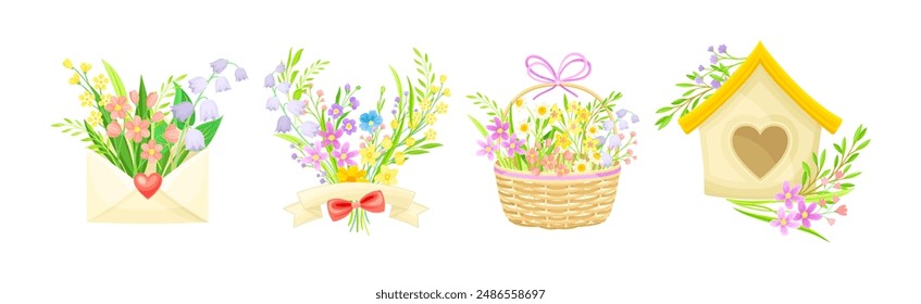 Spring Floral Composition with Blooming Flora Vector Set
