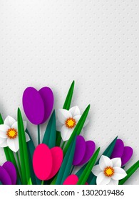 Spring floral composition. Empty template for greetings or seasonal sales. Paper cut spring flowers narcissus and tulps on white background. Copy space. Vector.