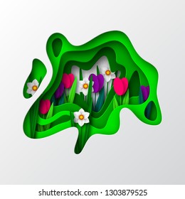 Spring floral composition. Papercraft layered art. Paper cut spring flowers narcissus and tulps on white background. Vector.