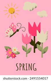 Spring floral contrast poster with text Spring in flat geometric style. Vector modern illustration with sun, clouds, tulips and butterfly for banner or poster
