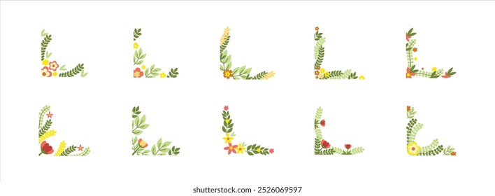 Spring Floral Corner flat illustration set. Vector art illustration isolated.