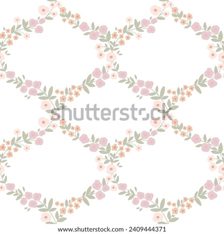 Spring floral cottage core seamless pattern. Garden pastel tiny flowers print hand drawn in vintage romantic style. Vector repeat background for fabric, scrapbook, Easter holiday. Damask grid motif.