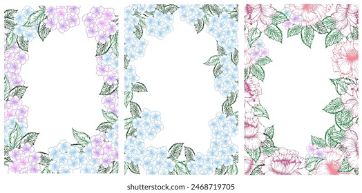 Spring floral cover set banner with blue and pink hydrangea flower. Line art little flower with leaves for card or invite