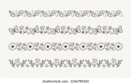 Spring floral decorative border collection. Seamless borders with floral elements, leaves and butterflies. Doodle isolated elements. Vector illustration. Set 1 of 2.