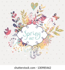 Spring floral design element. Birds, flowers and butterflies in cute floral background in vector. Romantic card