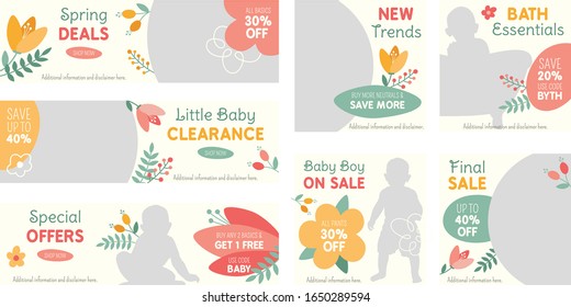 Spring floral design set for kids/babies fashion sale promotion on social media, website and flyers. Flat graphic design template. Web template. Web banners. Flyer design.