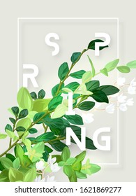 Spring floral eco design with white lily flowers, green leaves, succulent plants and integrated 3d typography. Vector template for poster, flyer, banner or card. Illustrated background.