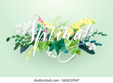 Spring floral eco design with white lily flowers, green leaves, succulent plants and integrated 3d typography. template for poster, flyer, banner or card. Illustrated nature background.