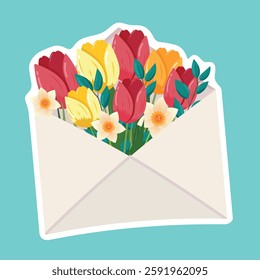 Spring Floral Envelope with Tulips and Daffodils Flowers Bouquet. Festive Greeting Card Design. Cartoon Vector illustration for sticker, labels, greeting cards, promotional materials.