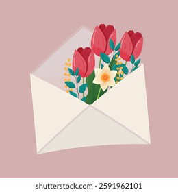 Spring Floral Envelope with Tulips and Daffodils Flowers Bouquet. Festive Greeting Card Design. Cartoon Vector illustration for sticker, labels, greeting cards, promotional materials.