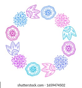 Spring floral ethnic vector illustration. Hand drawing pink blue flowers wreath on white background. Line art doodles.