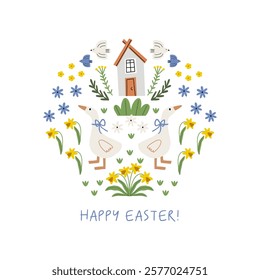 Spring floral Folk ornamental print with cute Goose. Happy Easter print in flat style and pastel colors