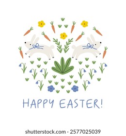 Spring floral Folk ornamental print with cute bunny. Happy Easter print in flat style and pastel colors