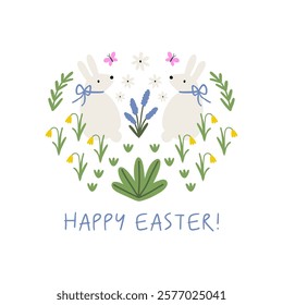 Spring floral Folk ornamental print with cute bunny. Happy Easter print in flat style and pastel colors