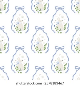 Spring floral Folk ornamental print with cute animals. Happy Easter seamless pattern in flat style and pastel colors