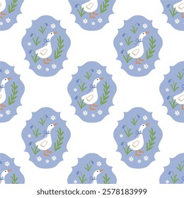 Spring floral Folk ornamental print with cute animals. Happy Easter seamless pattern in flat style and pastel colors