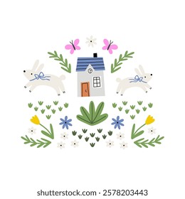 Spring floral Folk ornamental print with cute bunny. Happy Easter print in flat style and pastel colors