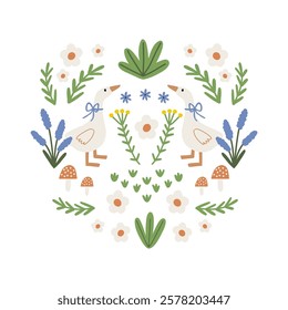 Spring floral Folk ornamental print with cute bunny. Happy Easter print in flat style and pastel colors