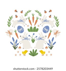 Spring floral Folk ornamental print with cute bunny. Happy Easter print in flat style and pastel colors