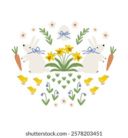 Spring floral Folk ornamental print with cute bunny. Happy Easter print in flat style and pastel colors