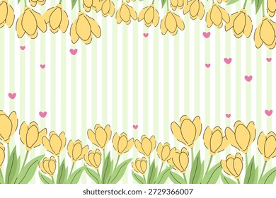 Plano de fundo de moldura floral de primavera com crocuses e corações amarelos, banner horizontal com flores florescentes em padrão listrado verde, borda botânica romântica para cartões de saudação e vendas sazonais. O modelo botânico é perfeito para cartões comemorativos de Dia das Mães, Páscoa ou Dia dos Namorados, banners de mídia social e convites de eventos com temas de primavera.

