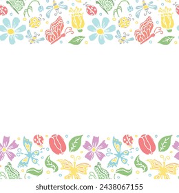 Spring floral frame with butterflies, bees and ladybugs. Seamless flowers background