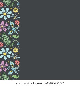 Spring floral frame with butterflies, bees and ladybugs. Seamless flowers background