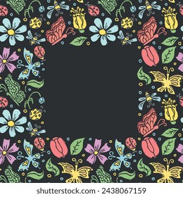 Spring floral frame with butterflies, bees and ladybugs. Seamless flowers background